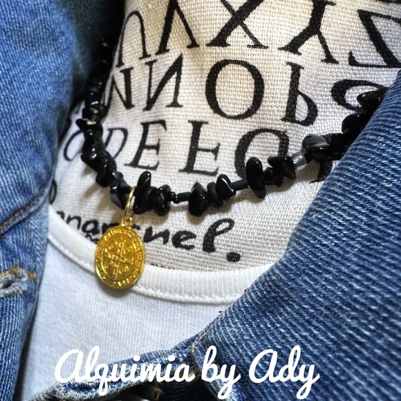 Black Beaded Necklace with Gold Pendant Saint Benedict onyx